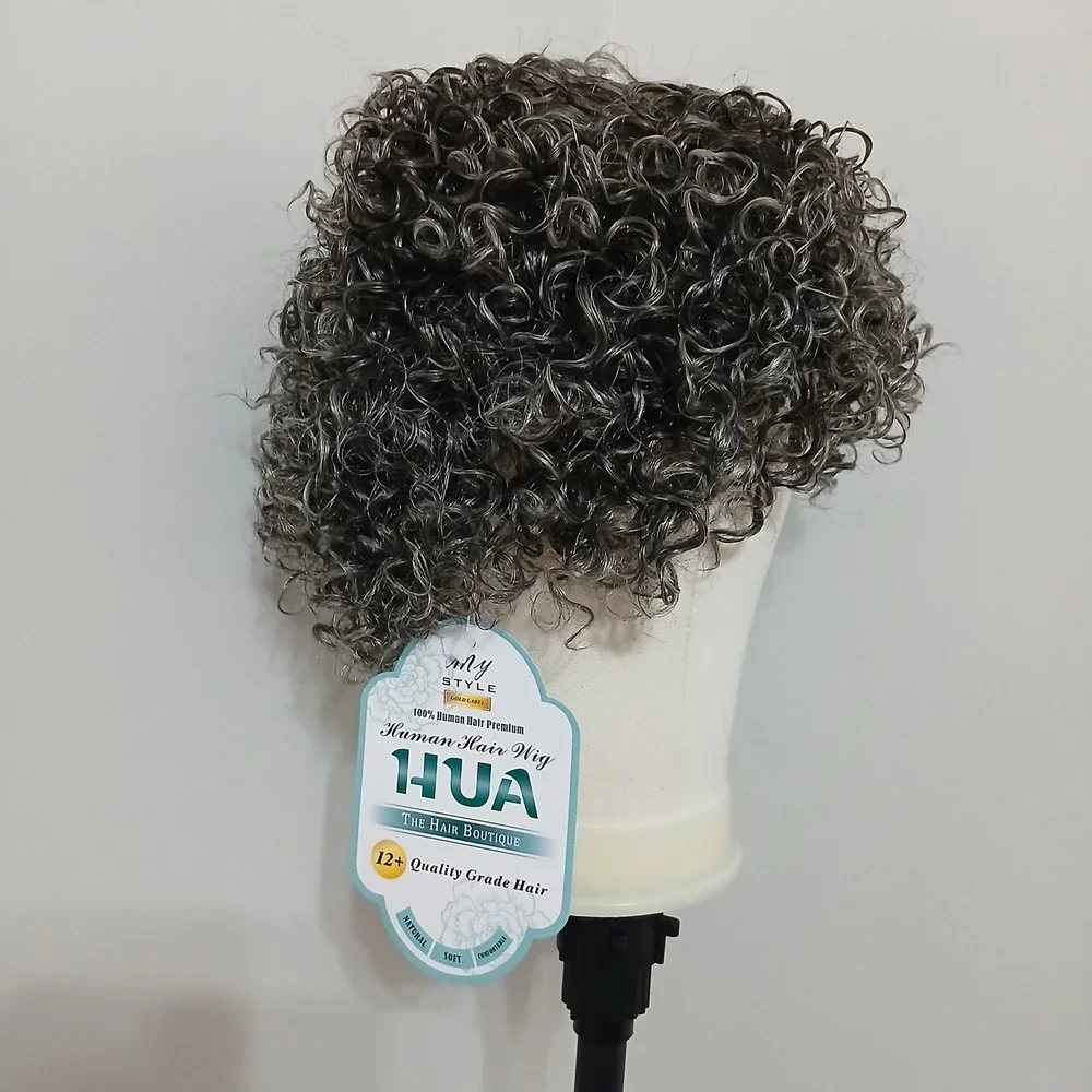 My Style HUA Hebe Human Hair Wig Short Curly Glueless Grey Salt and Pepper NEW